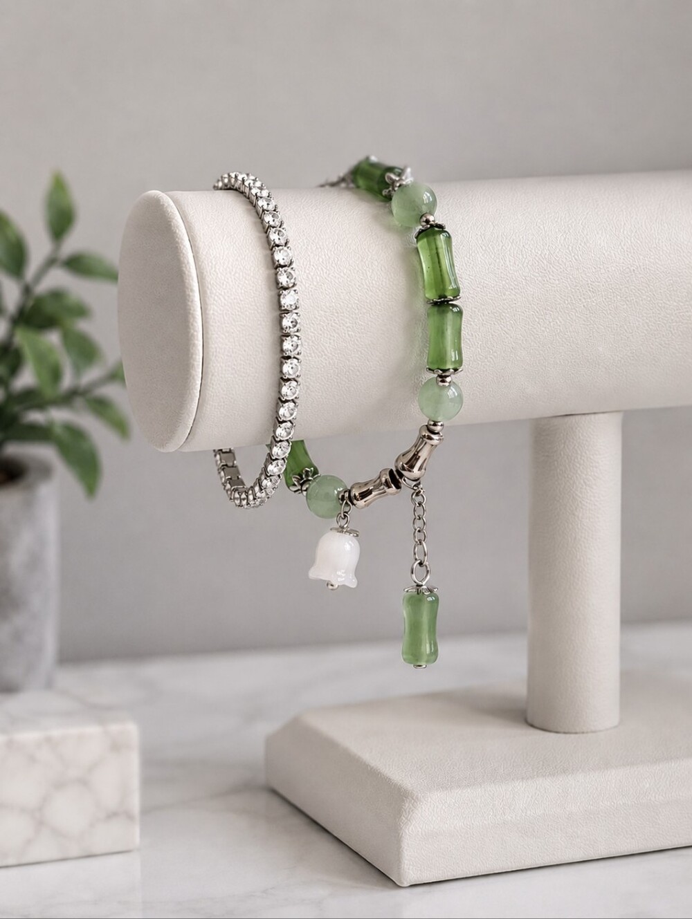 Vintage Rhinestone Tennis Choker Necklace & Green Bamboo Charm Bracelet Set
